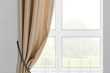 Close-up of thick curtain insulation, showing effective sealing