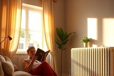 Cozy living room, energy-efficient home, warm lighting, sunlight, comfortable reading.
