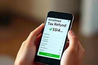 Hands holding smartphone with tax refund calculation screen.