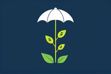 Financial growth and security symbolized by umbrella and plant.