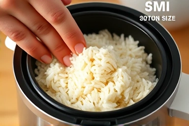 Hand scooping fluffy, fragrant rice from a mini rice cooker.