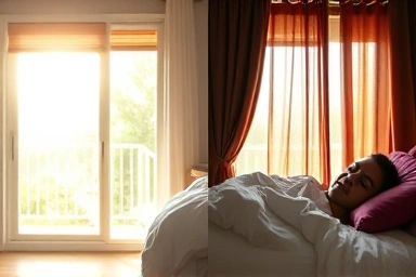 Contrast between a bright, disruptive room and a peaceful, dark room with blackout curtains.