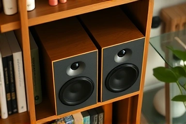 Compact bookshelf speakers on a modern shelf.