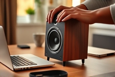 Hands placing a bookshelf speaker on a desk.