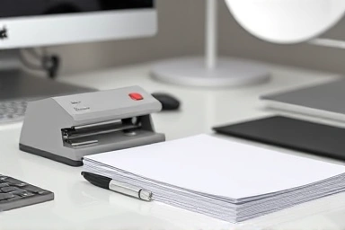Modern desk setup with a 2-hole punch and A4 papers.