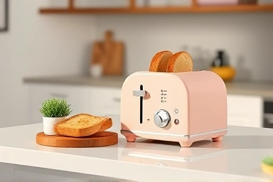 Modern kitchen with a compact 2-slice toaster and fresh toast.