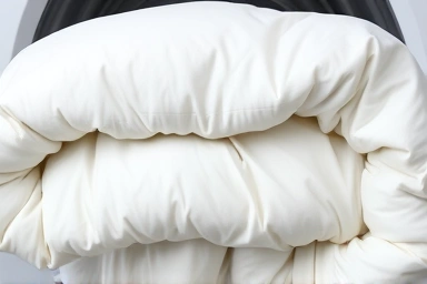 Clean, fluffy duvet folded after washing in a large capacity machine.