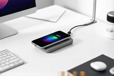 Minimalist desk with 3-in-1 wireless charger powering devices.