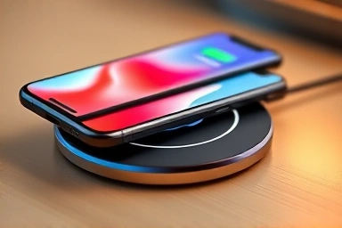 Close-up of sleek 3-in-1 wireless charger with devices.