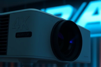 Close-up of a premium 4K projector displaying a movie.