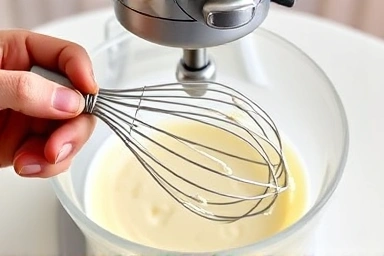 Close-up of stand mixer whisk blending batter