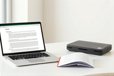 ADF book scanner and laptop symbolizing digital efficiency.