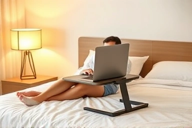 Comfortable bed setup with adjustable bedside table for work and relaxation.