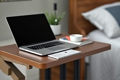 Functional bedside table with adjustable height and angle for ergonomic use.