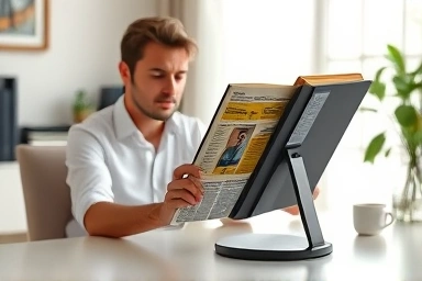 Person using an adjustable book stand for good posture