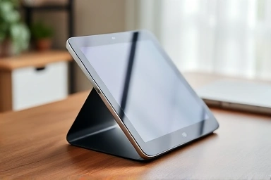 Close-up of an adjustable book stand holding a tablet