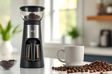 Cozy home cafe with affordable electric coffee grinder and fresh coffee.