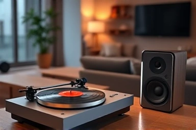 Turntable wirelessly connected to Bluetooth speaker in a modern living room.