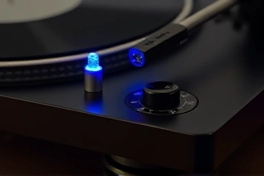 Close-up of turntable ports with Bluetooth transmitter connection.