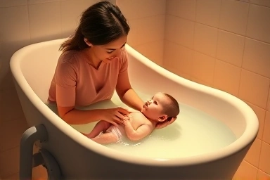 Parent bathing baby in adjustable angle bathtub for safety