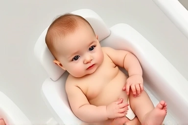 Close-up of baby in safe, angled bathtub for comfortable bathing