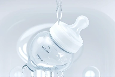 Clean baby bottle rinsing under water, symbolizing safety.
