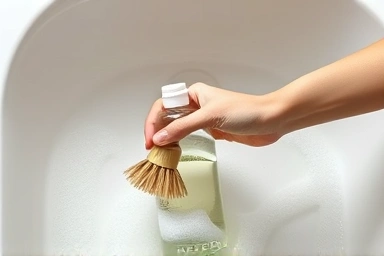 Hand cleaning baby bottle with natural detergent, emphasizing gentleness.