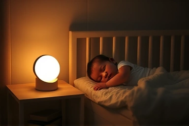Peaceful sleeping baby with a soft glowing night light.