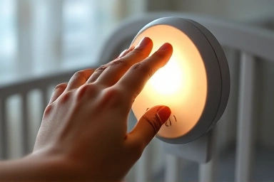 Parent adjusting baby night light brightness, emphasizing ease of use.