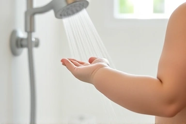 Parent showering baby with clean water, emphasizing gentle skin care.