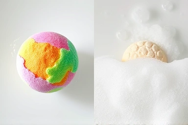 Bath bomb dissolving, bubble bar creating foam