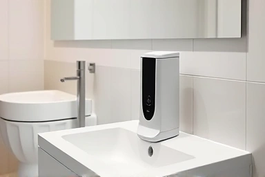 Modern bathroom with automatic soap dispenser.