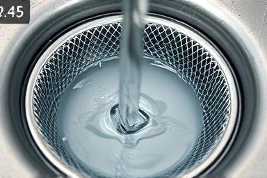 Water flowing through a fine mesh drain strainer.
