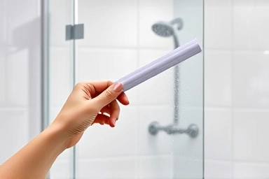 Sleek silicone squeegee removing water from glass shower door.
