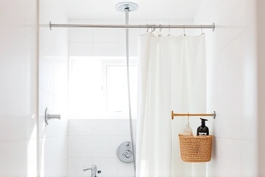 Small bathroom organized with tension rod for space maximization