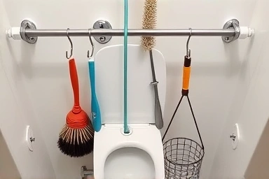 Clever bathroom storage using tension rod for cleaning supplies