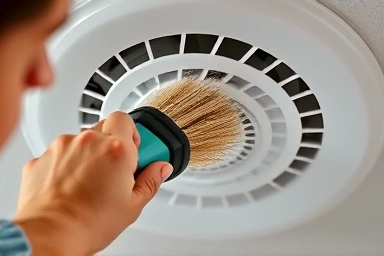 Detailed cleaning of a bathroom ventilation fan component.