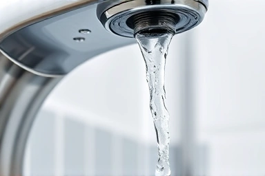 Shiny faucet with water beading off, showing water-repellent effect.