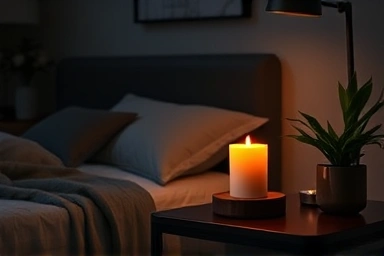 Cozy bedroom with warm candle warmer glow