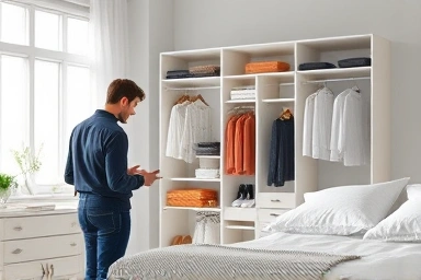 Designer consulting on custom closet system with 3D visualization.