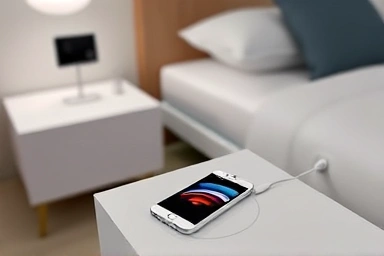 Modern bedroom with wireless charging bedside table