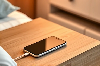 Close-up of integrated wireless charging on nightstand