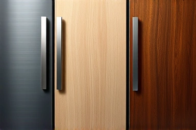 Close-up of textured refrigerator panels in various colors and finishes.