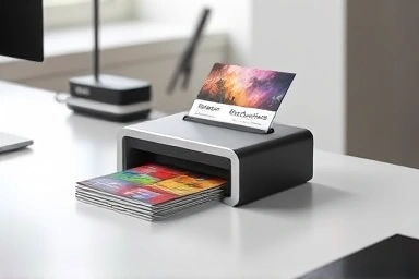 Modern business card scanner digitizing cards on a minimalist desk.