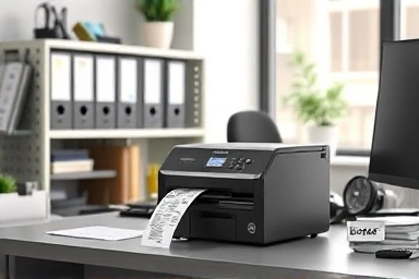 Organized office desk with Brother label printer and labeled items.