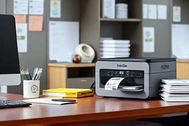 Brother label printer organizing office supplies efficiently.