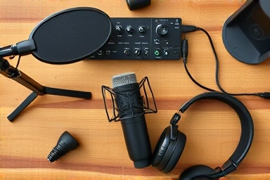 Beginner home recording setup with condenser microphone.