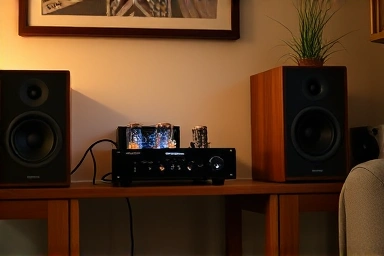 Cozy living room with glowing tube amplifier and speakers.