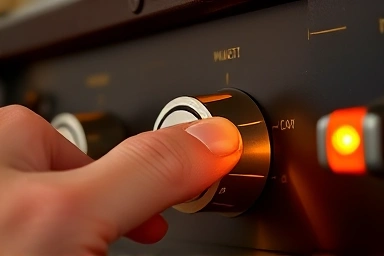 Close-up of hand adjusting vintage tube amplifier knob.