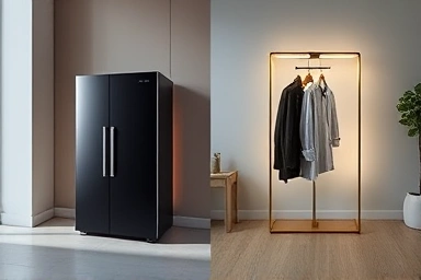 Modern LG Styler and Samsung Air Dresser side-by-side comparison.